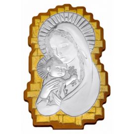 Wavy-Shaped Silver Madonna & Child Icon with Gold Embellishments - 35 x 23 cm