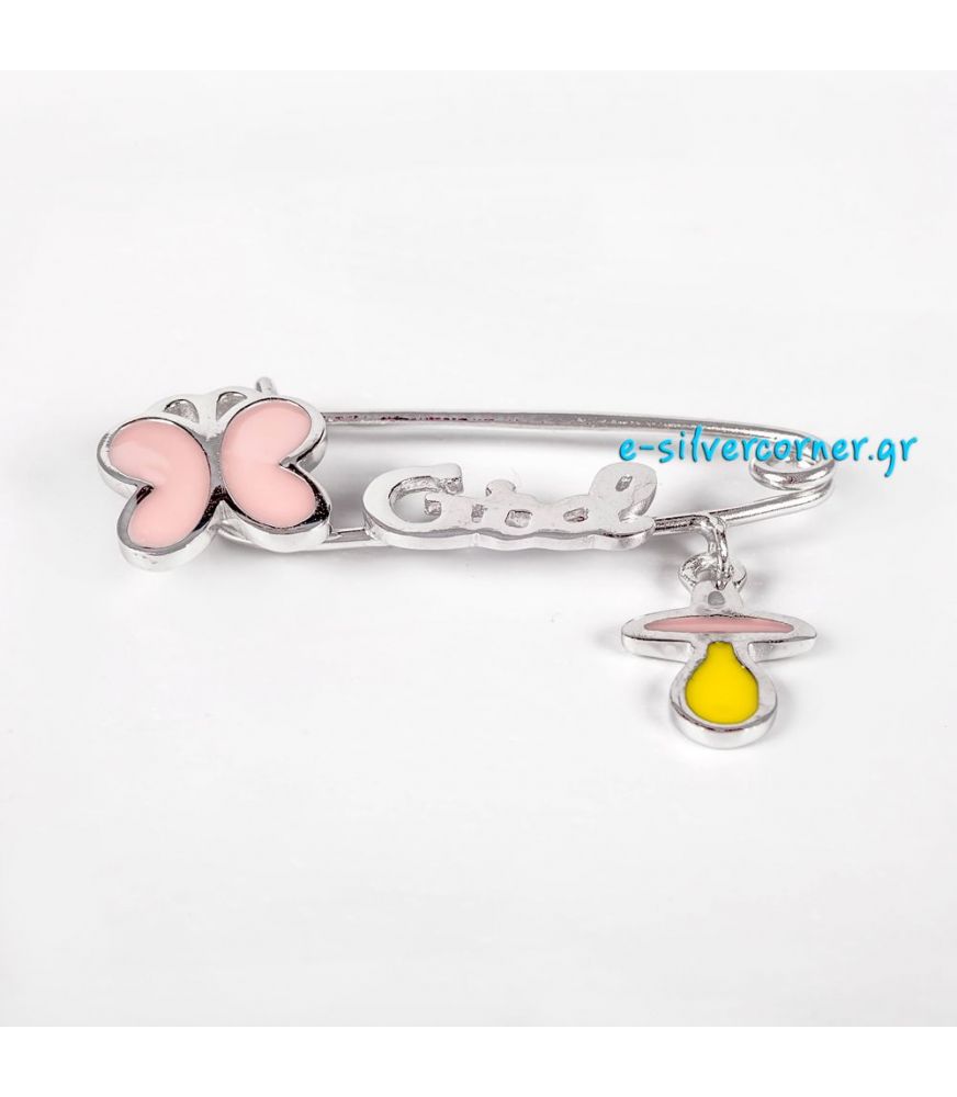 Silver Baby Girl's Pin with Dummy Silver Baby Girl's Pin with Dummy