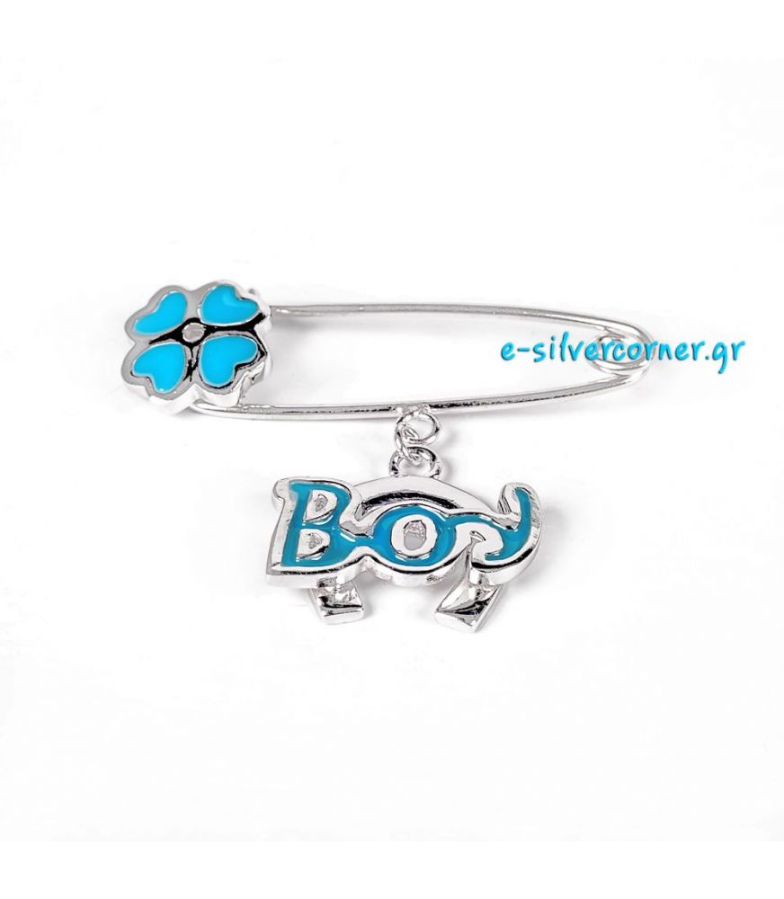 Silver Baby Boy's Pin with Blue Enamel and a Horseshoe