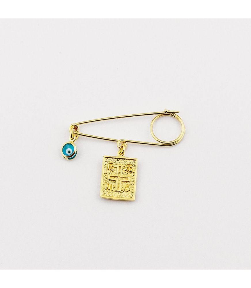 Gold-Plated Sterling Silver Baby Pin with Byzantine Talisman and Eye Charm