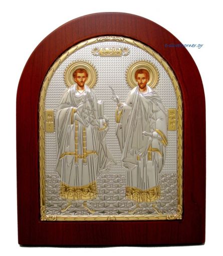 Εικόνα από Σφραγισμένο Ασήμι 925° με τον Άγιο Κοσμά κ' Δαμιανό (Χρυσή Διακόσμηση)