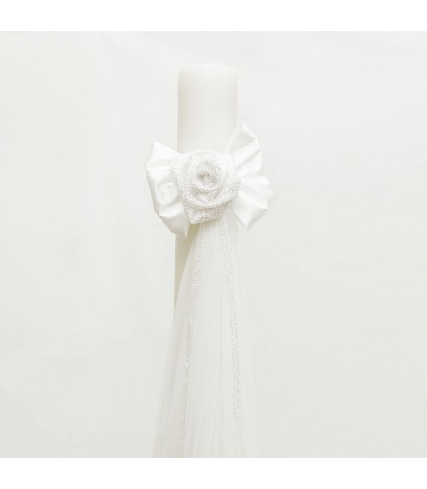 Λαμπάδα Γάμου 12 cm με Λευκό Σατέν Στολισμό και Γκλίτερ