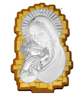 Madonna & Child Silver Icon in wavy shape with Gold details