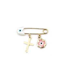 Nine Carat Gold Baby Girl's Pin with Eye Charm and a Cross