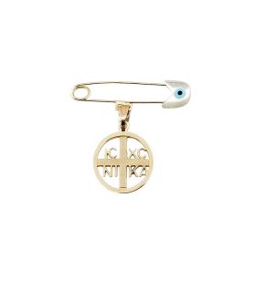 14 Carat Gold Baby Pin with Eye Charm and a Byzantine Talisman