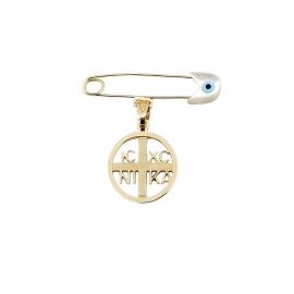 14 Carat Gold Baby Pin with Eye Charm and a Byzantine Talisman