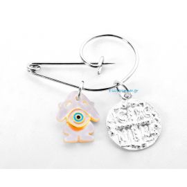 Silver Baby Girl's Pin with Byzantine Talisman and Eye Charm