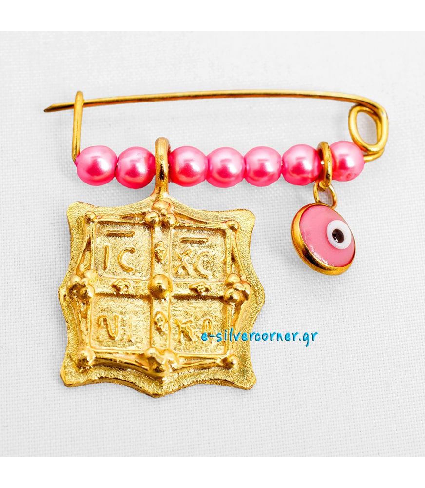 Gold-Plated Sterling Silver Baby Girl's Pin with Byzantine Talisman -  Pink